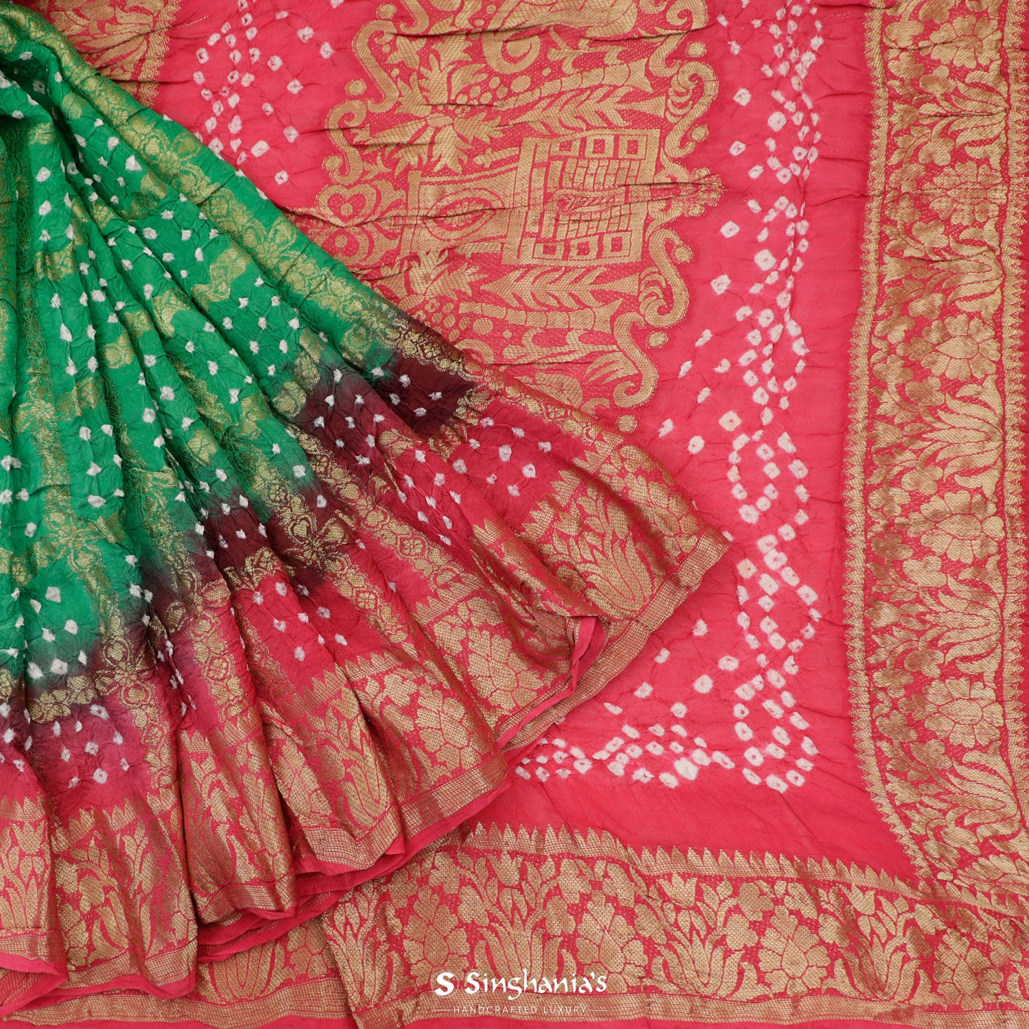 Spanish Green Silk Saree With Bandhini Pattern