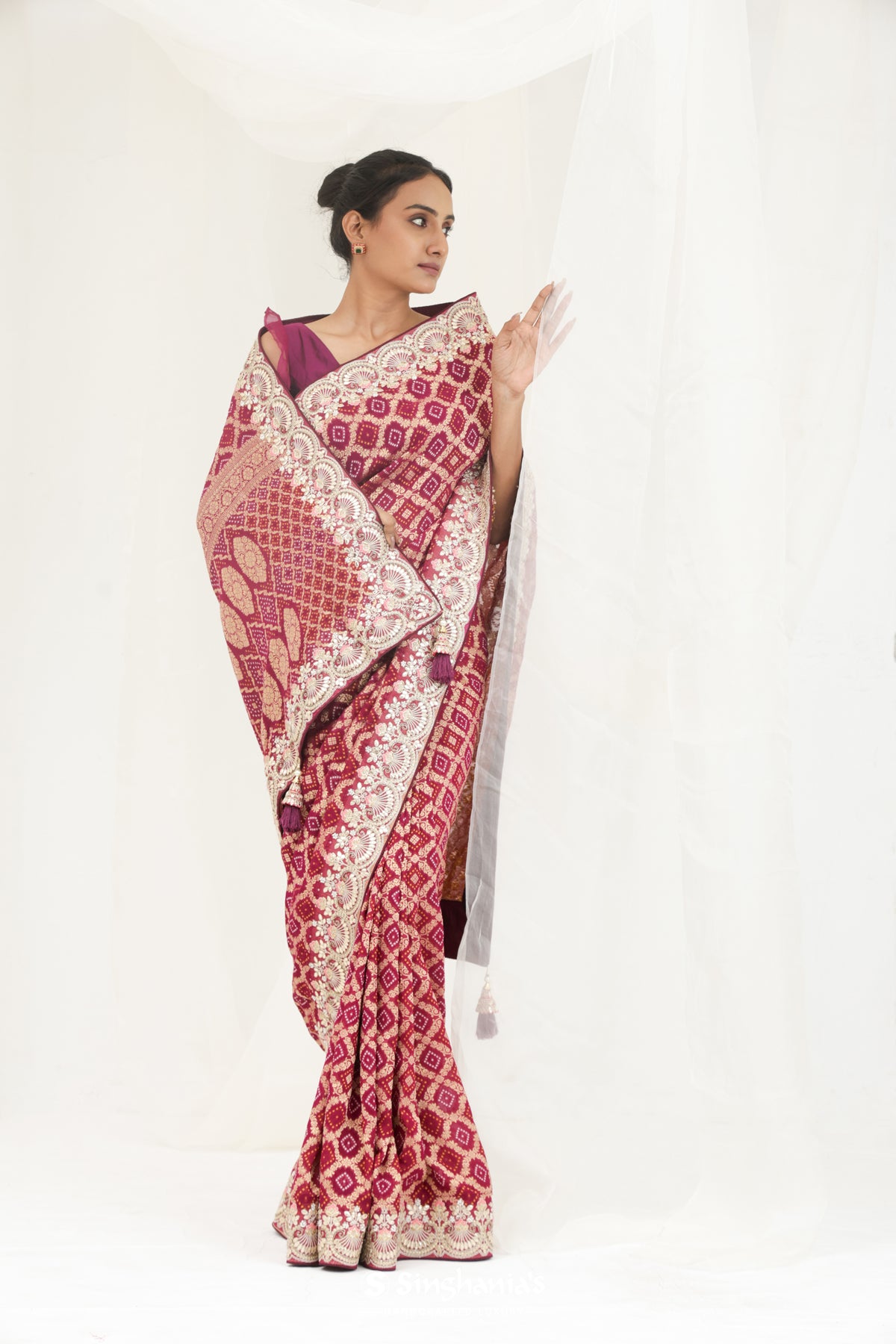 Pansy Purple Handcrafted Bandhani Georgette Saree