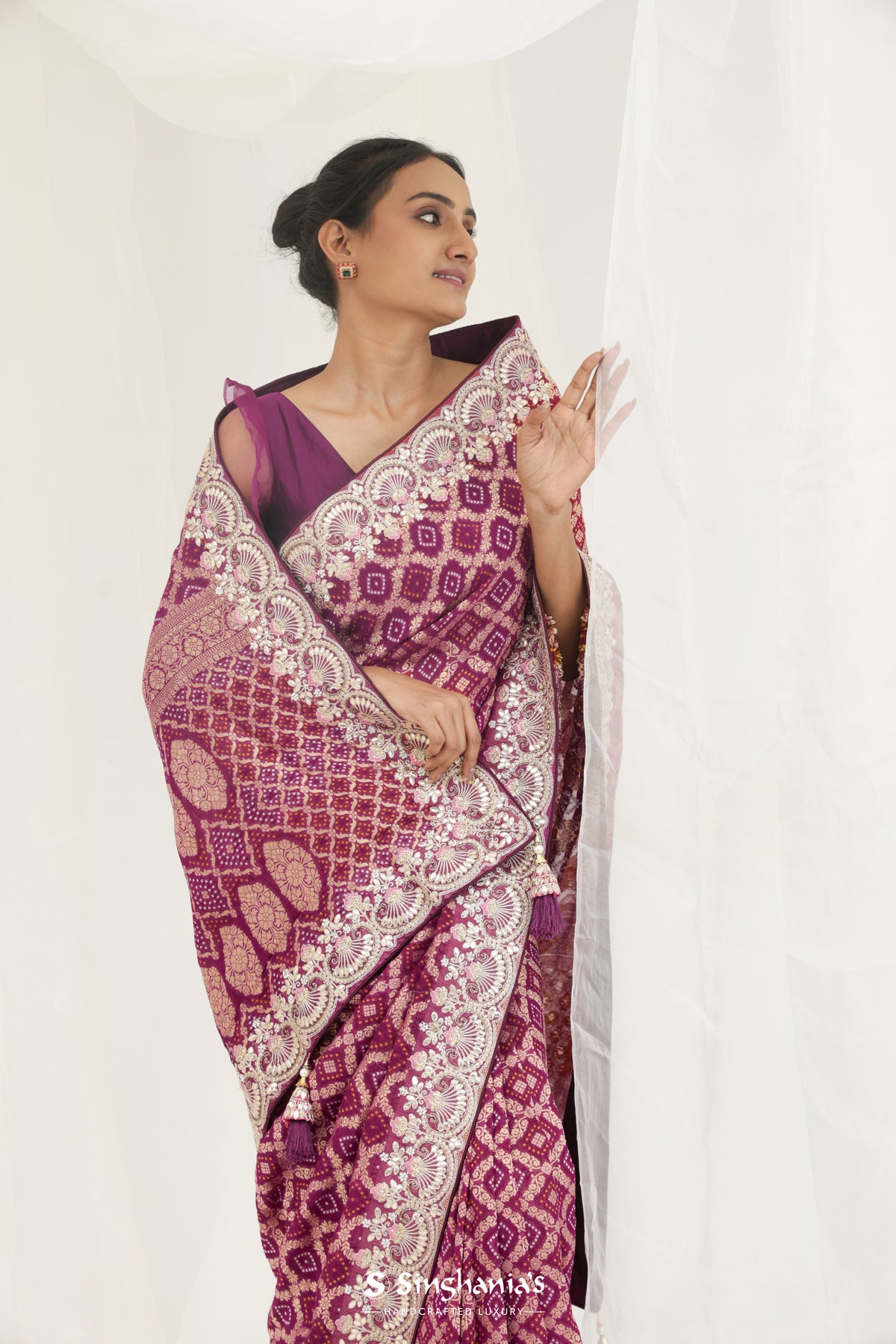 Pansy Purple Handcrafted Bandhani Georgette Saree