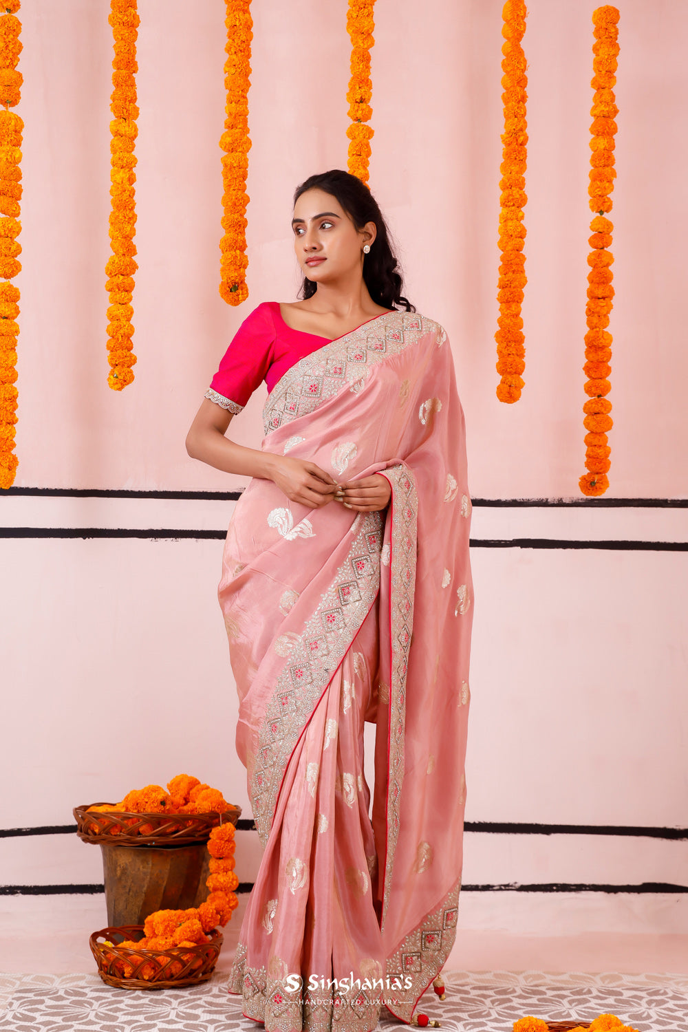 Spanish Pink Banarasi Silk Saree With Embroidery Border