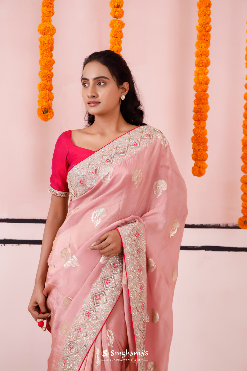 Spanish Pink Banarasi Silk Saree With Embroidery Border