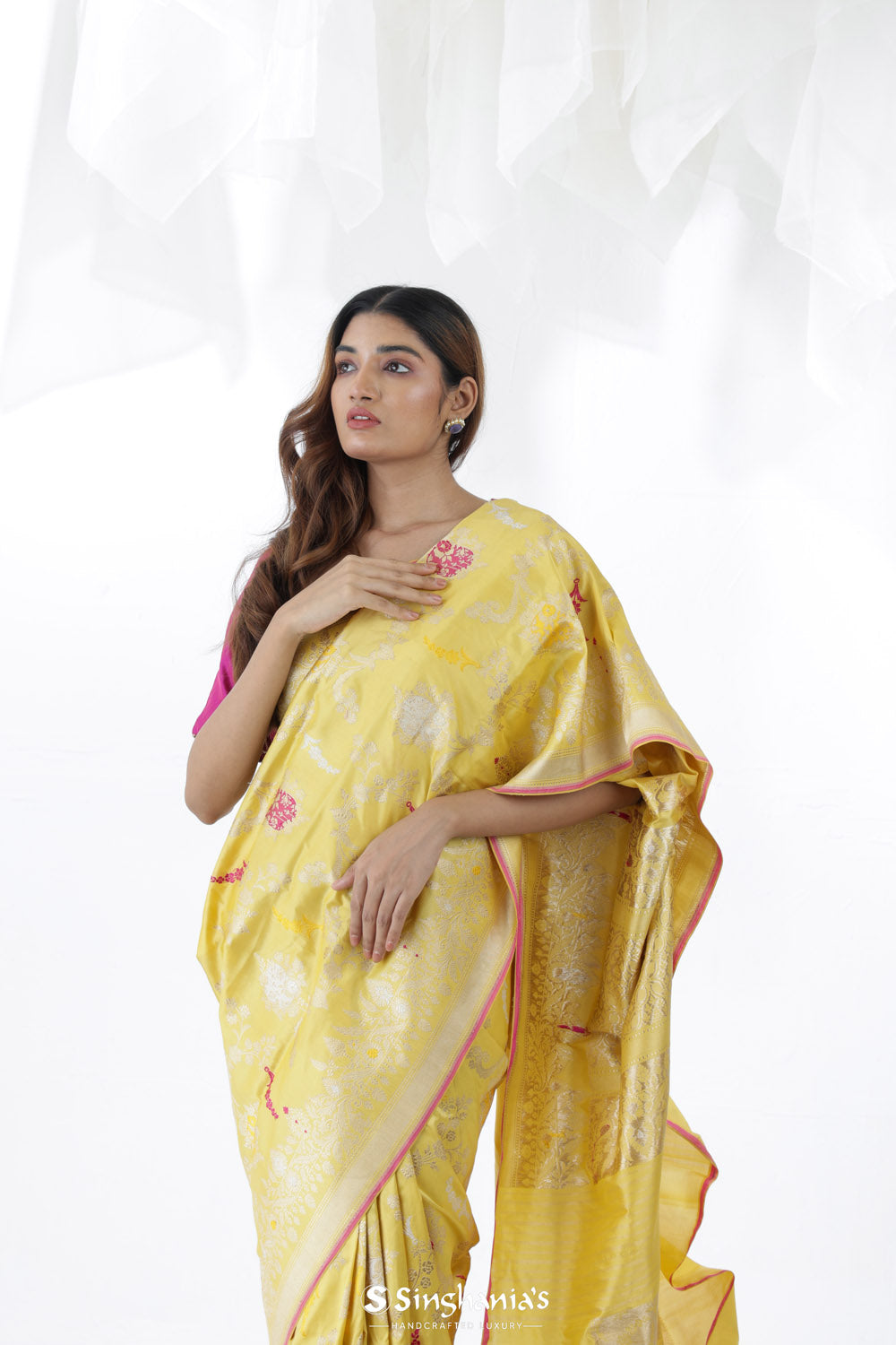 Flax Yellow Banarasi Silk Saree With Floral Design