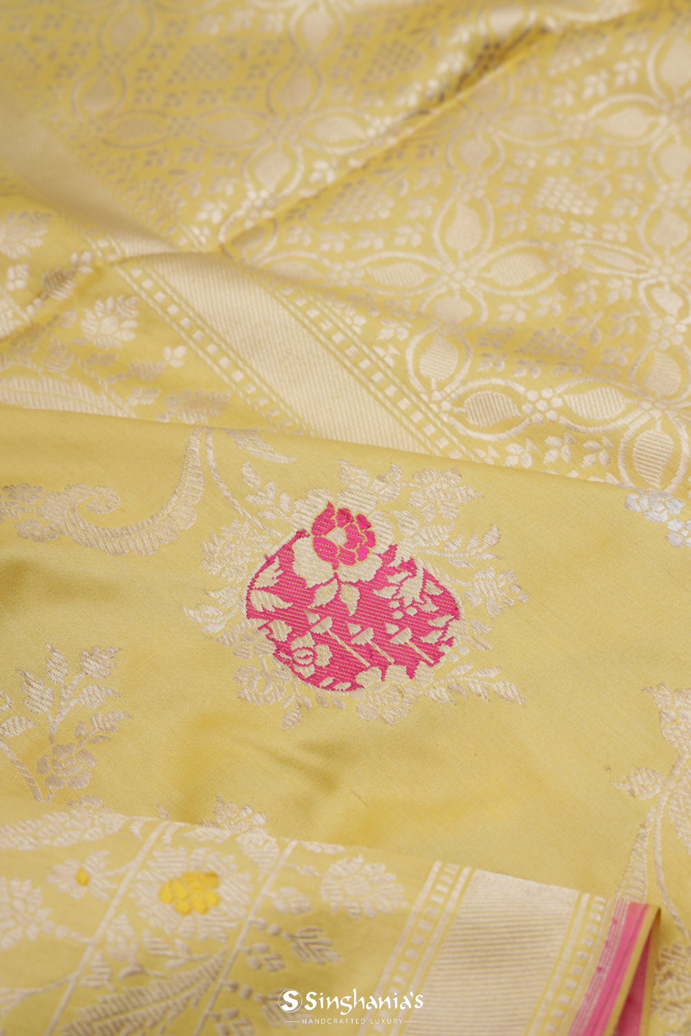 Flax Yellow Banarasi Silk Saree With Floral Design