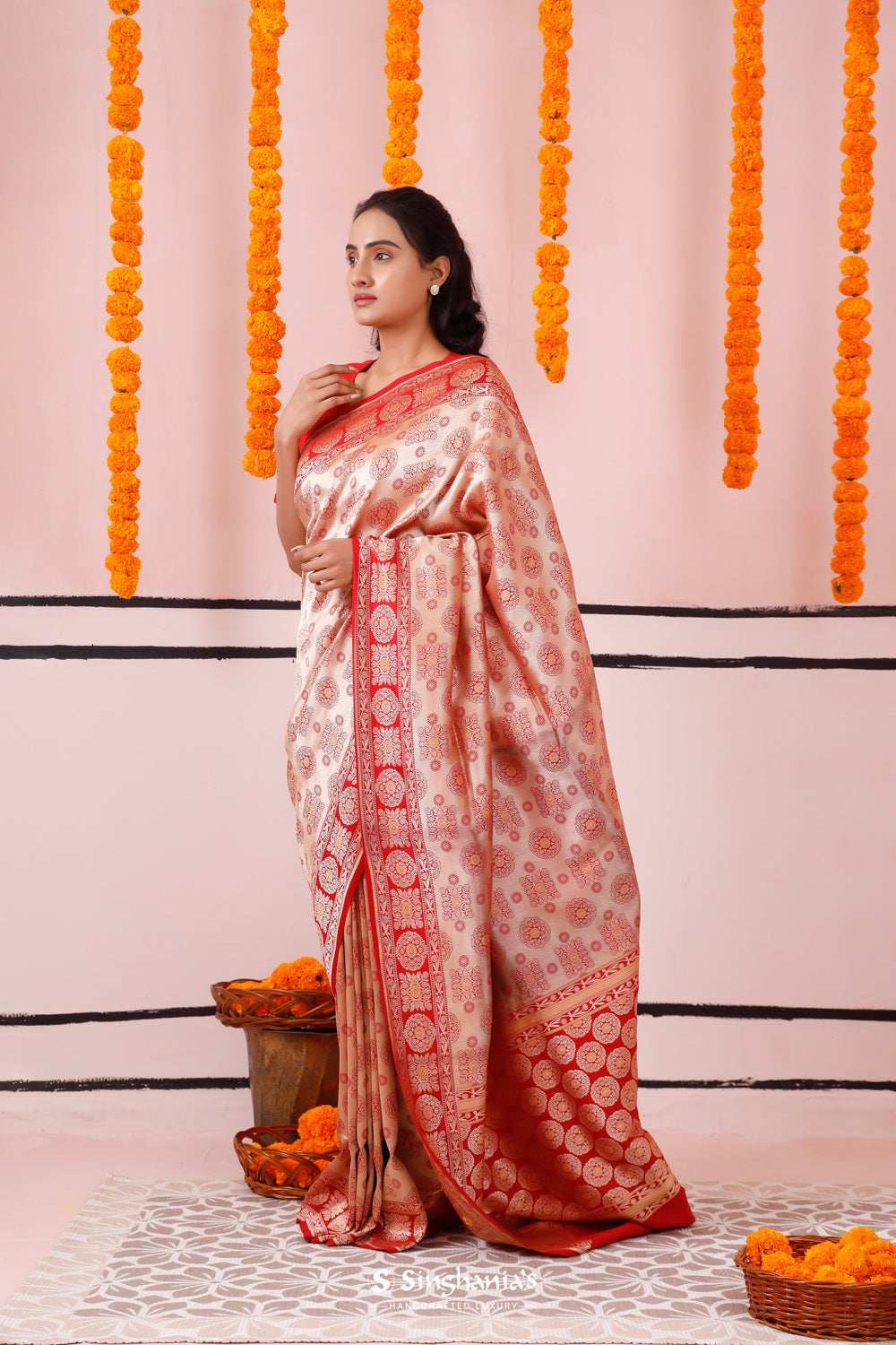 Red Gold Tissue Banarasi Saree With Floral Zari Weaving