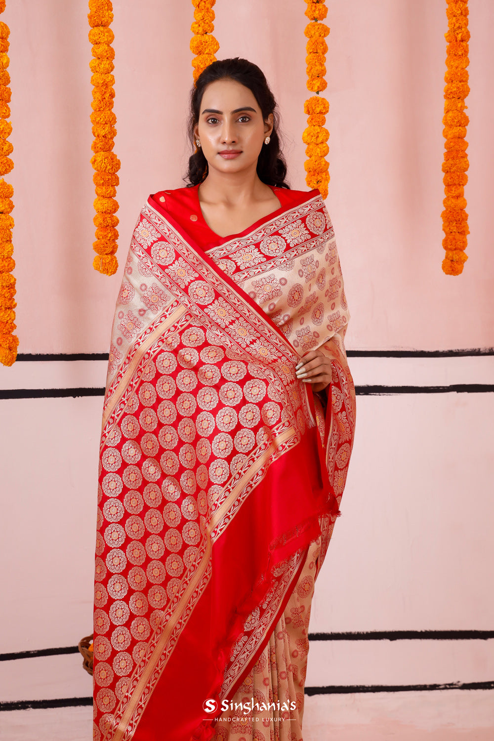 Red Gold Tissue Banarasi Saree With Floral Zari Weaving