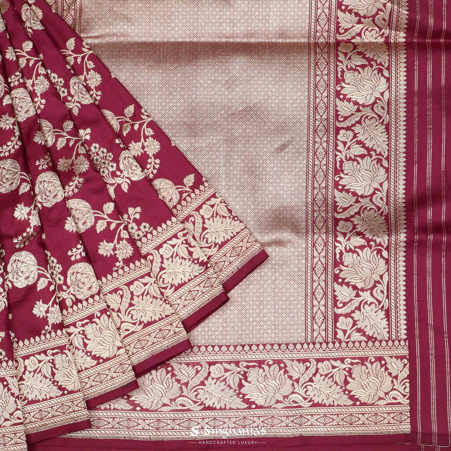 Barn Red Banarasi Saree With Floral Zari Weaving