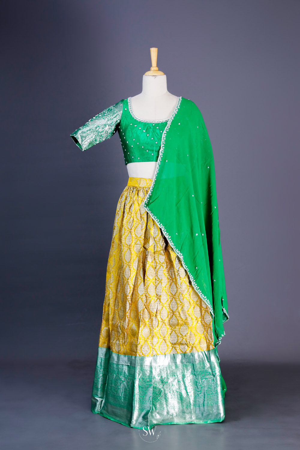 Deep Green-Yellow Silk Lehenga Set With Zari Weaving