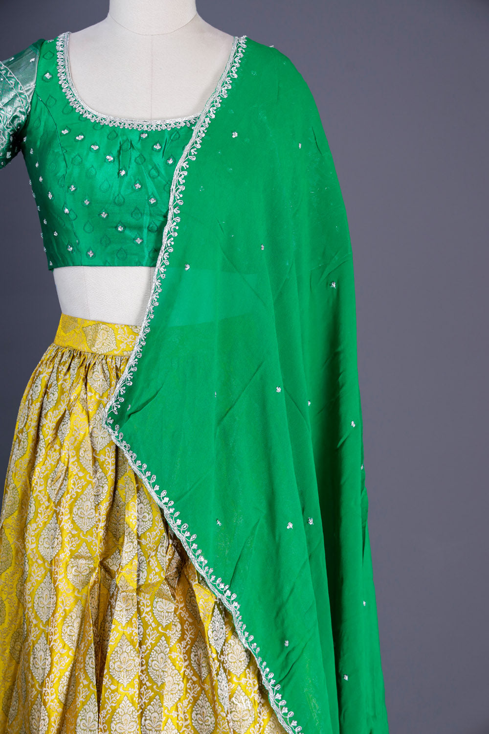 Deep Green-Yellow Silk Lehenga Set With Zari Weaving