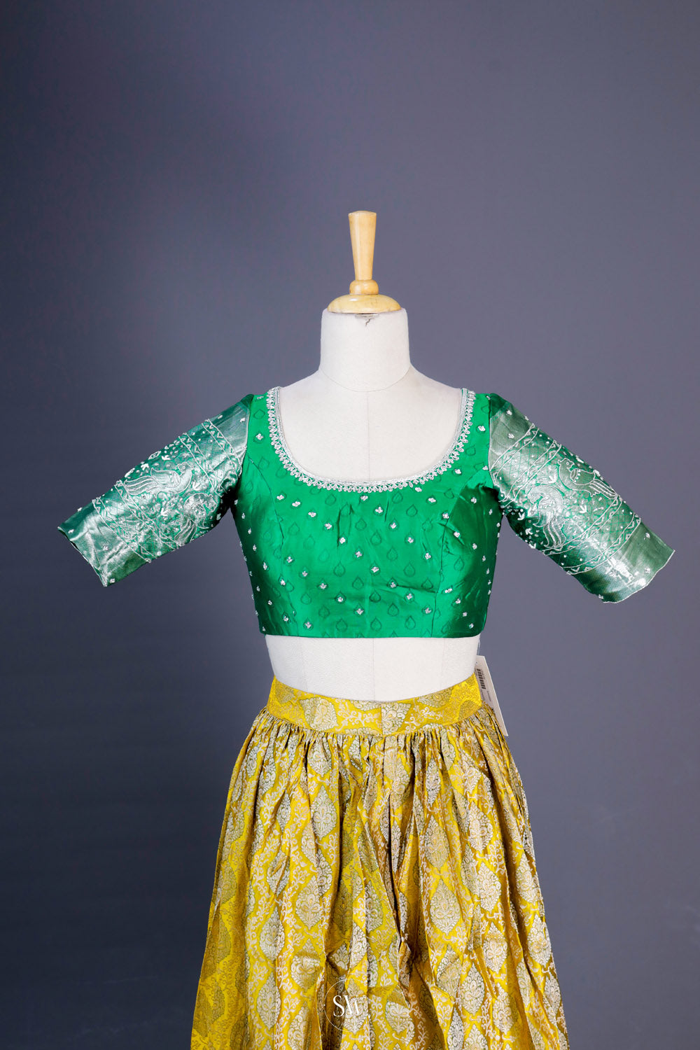 Deep Green-Yellow Silk Lehenga Set With Zari Weaving