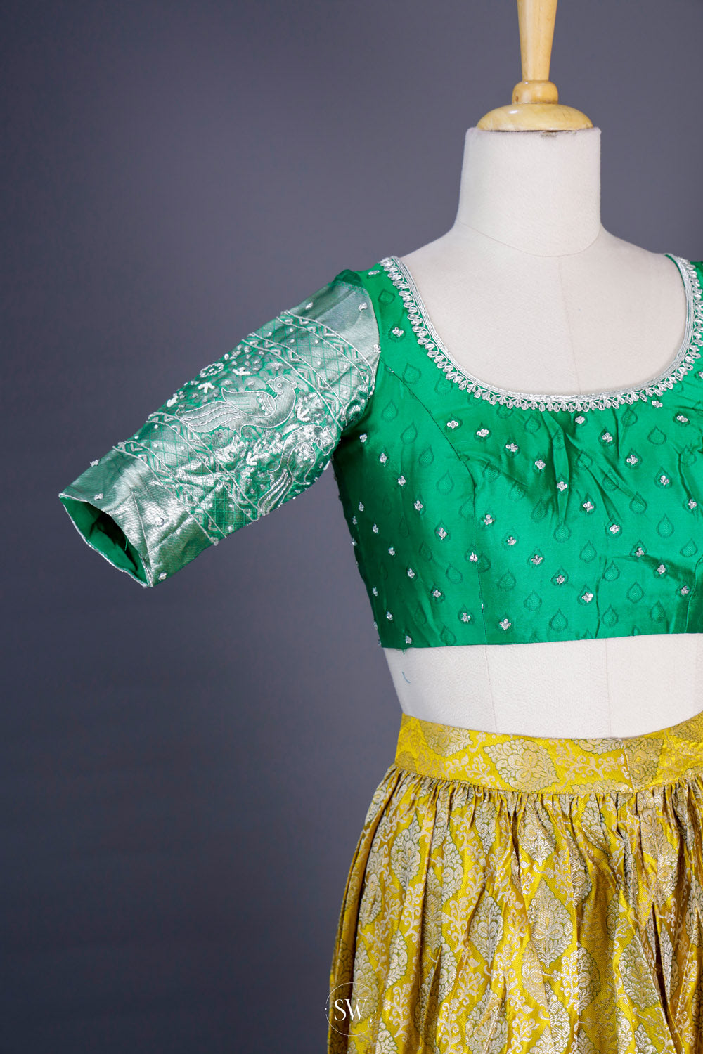 Deep Green-Yellow Silk Lehenga Set With Zari Weaving