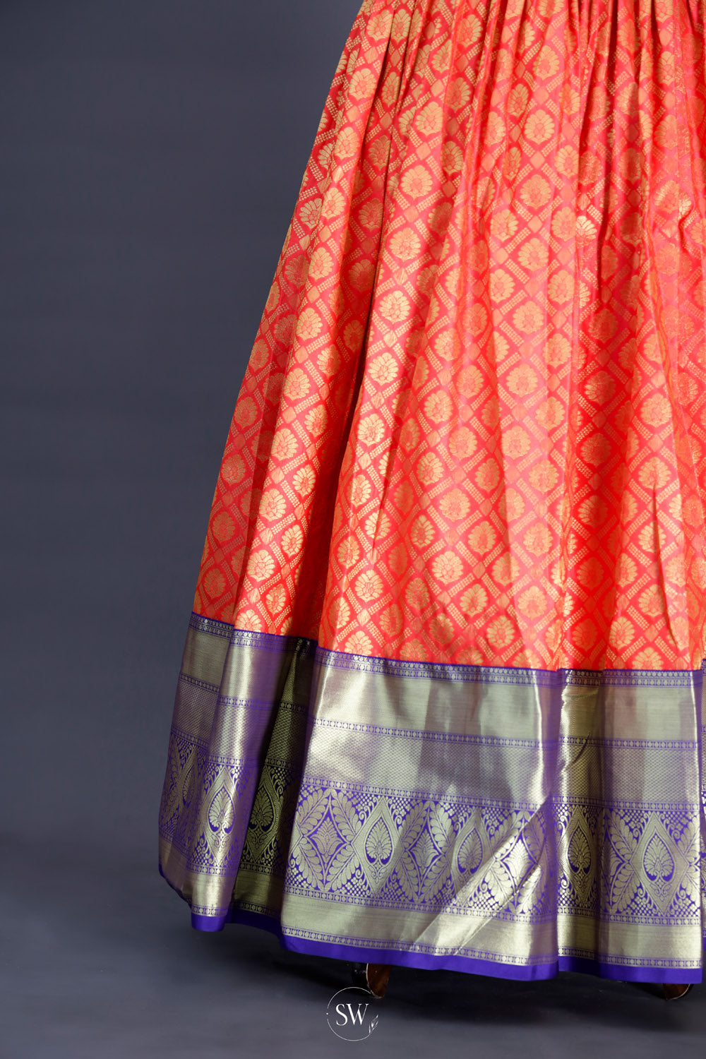 Deep Blue-Orange Silk Lehenga Set With Zari Weaving