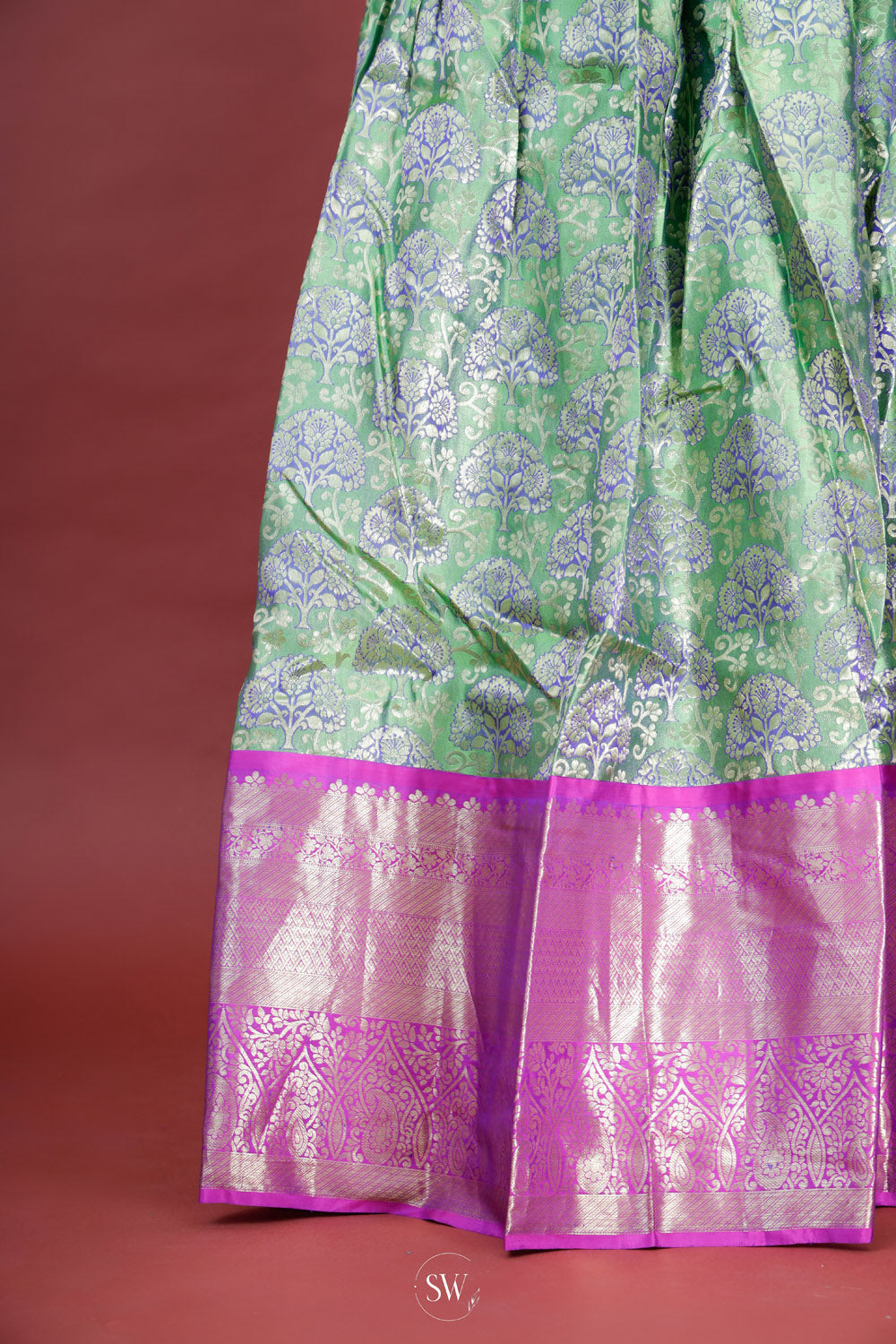 Pastel Green-Pink Silk Lehenga Set With Zari Weaving