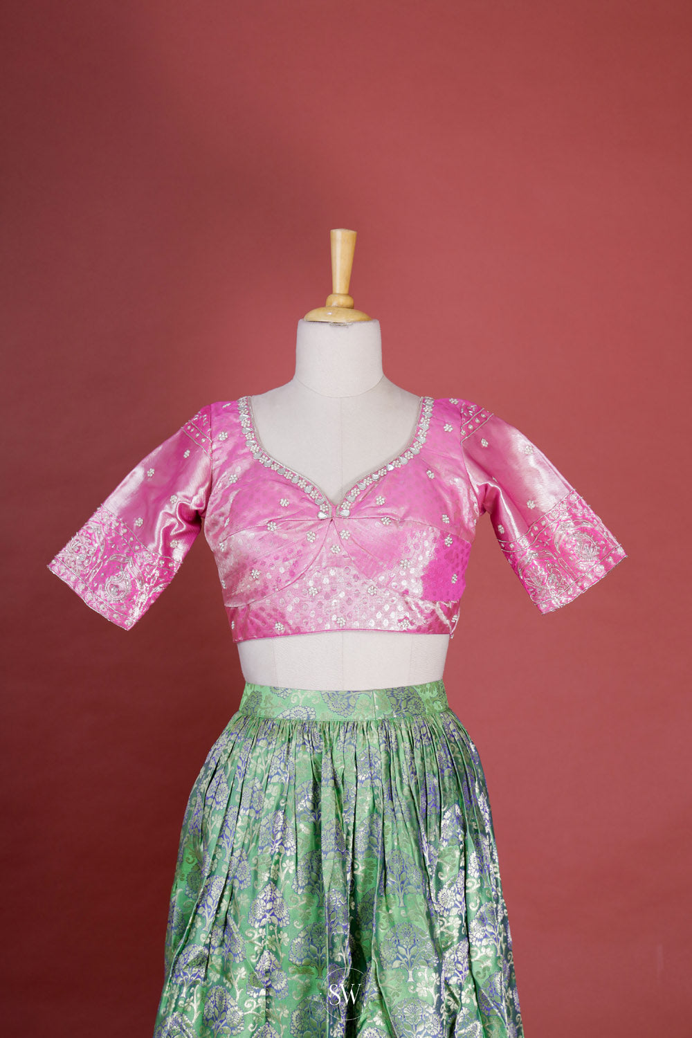 Pastel Green-Pink Silk Lehenga Set With Zari Weaving