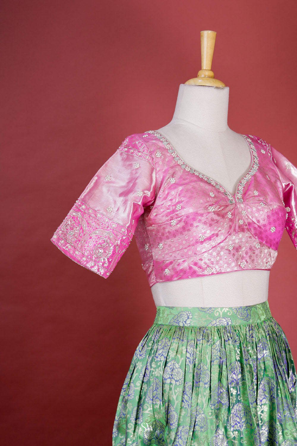 Pastel Green-Pink Silk Lehenga Set With Zari Weaving
