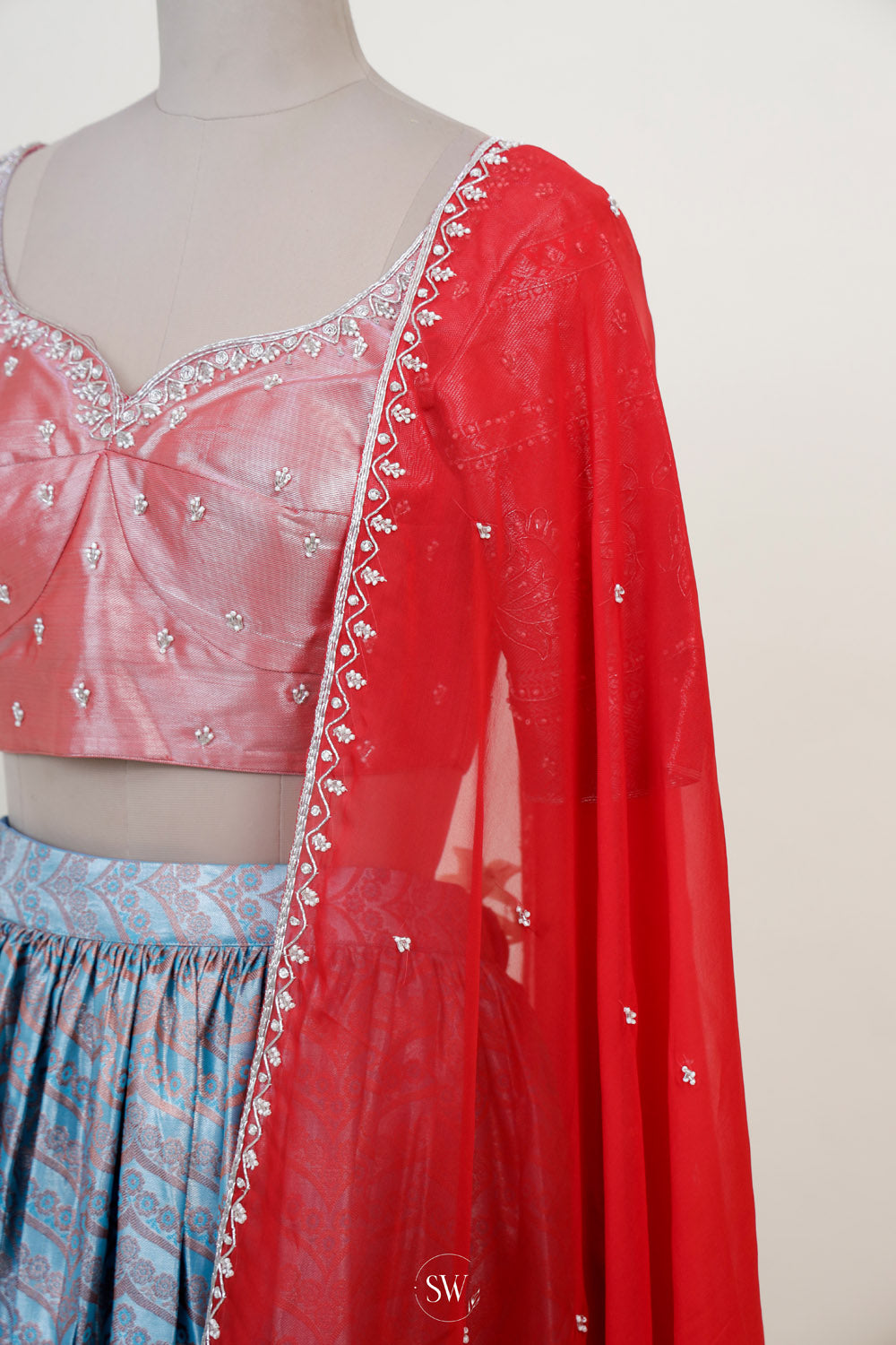 Indian Red-Blue Silk Lehenga Set With Zari Weaving