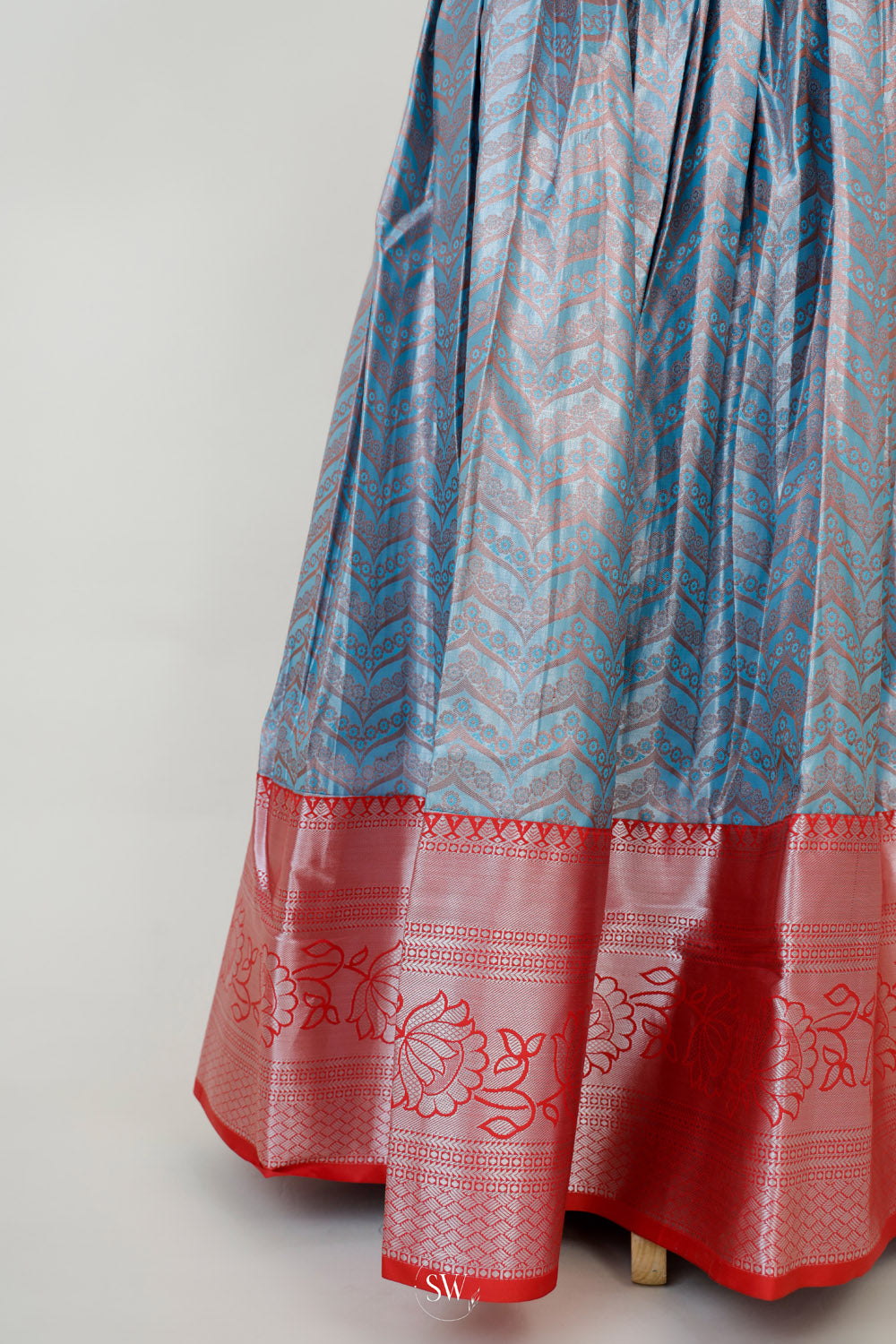 Indian Red-Blue Silk Lehenga Set With Zari Weaving
