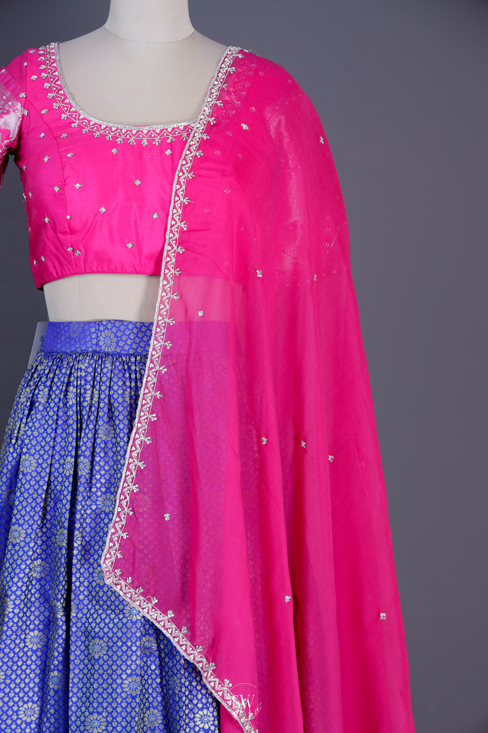 Sapphire Blue-Pink Silk Lehenga Set With Zari Weaving