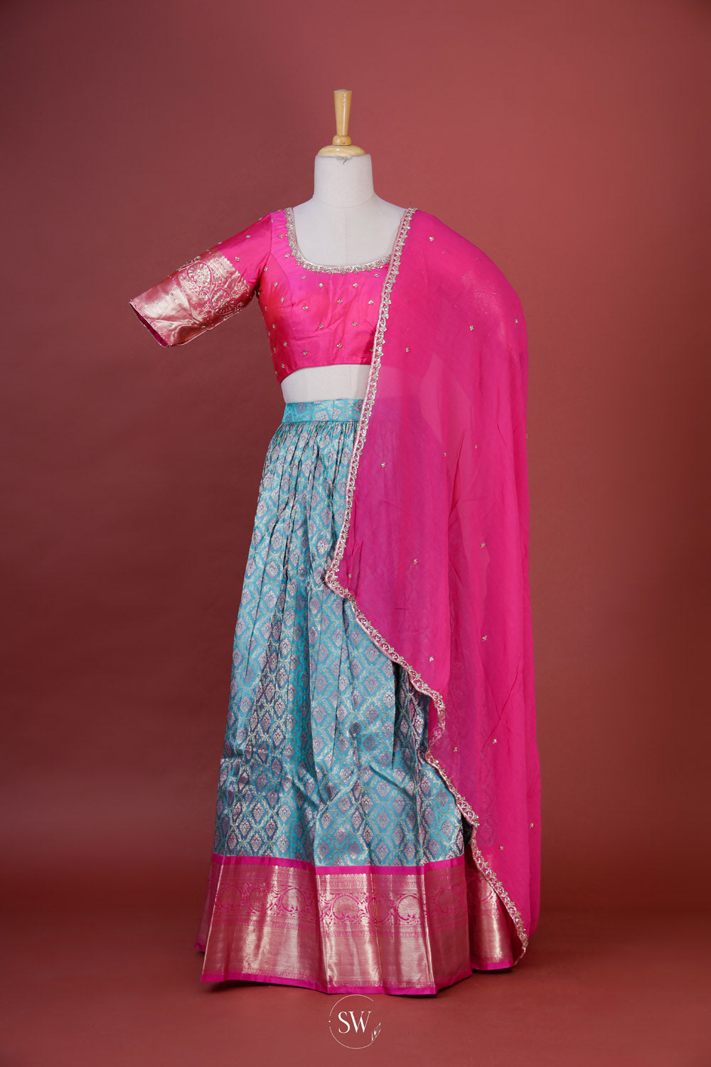 Neon Pink-Blue Silk Lehenga Set With Zari Weaving