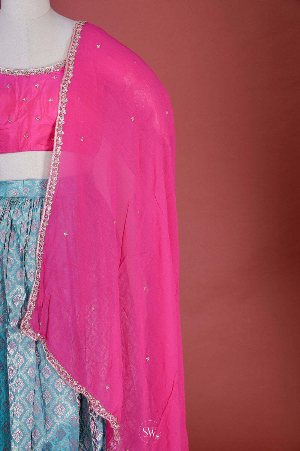 Neon Pink-Blue Silk Lehenga Set With Zari Weaving