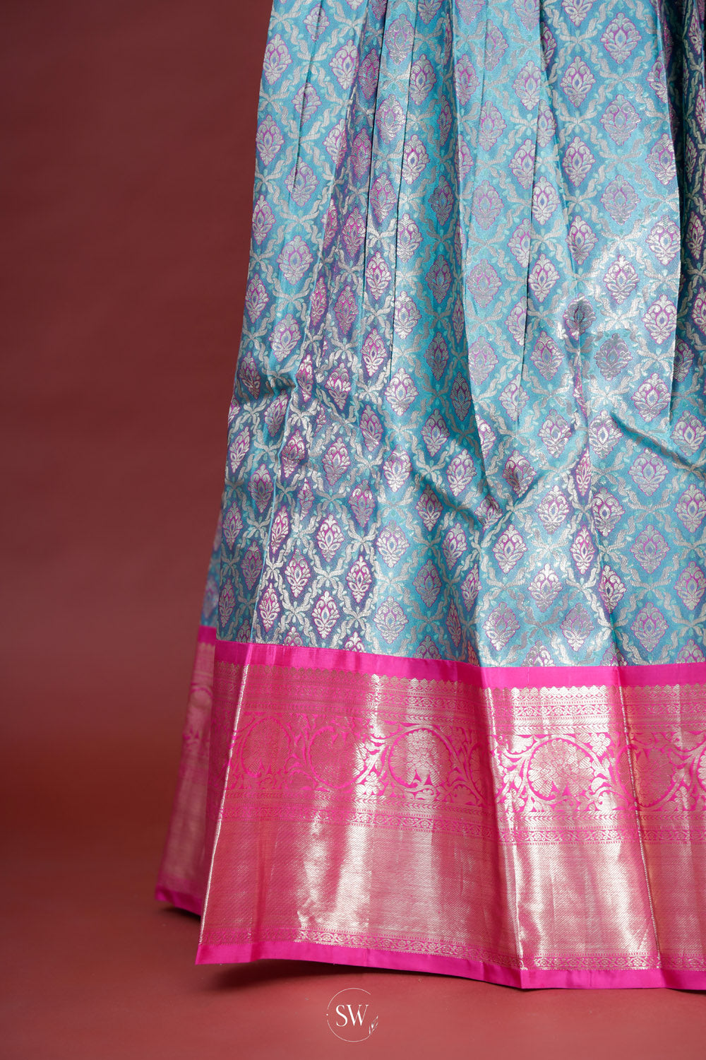 Neon Pink-Blue Silk Lehenga Set With Zari Weaving