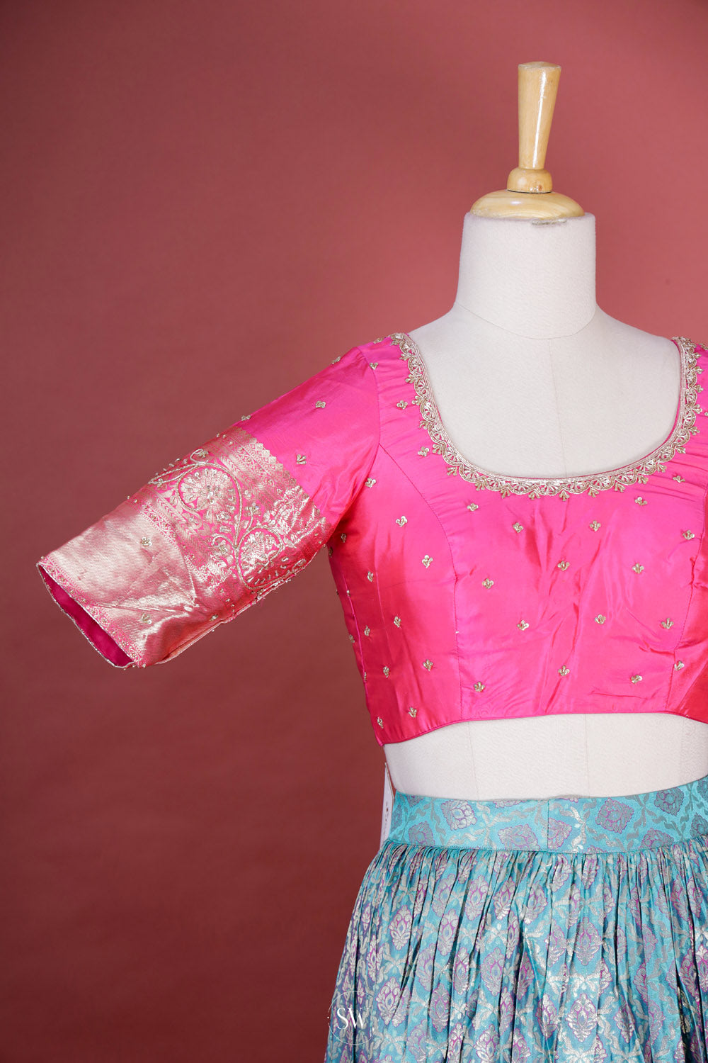 Neon Pink-Blue Silk Lehenga Set With Zari Weaving