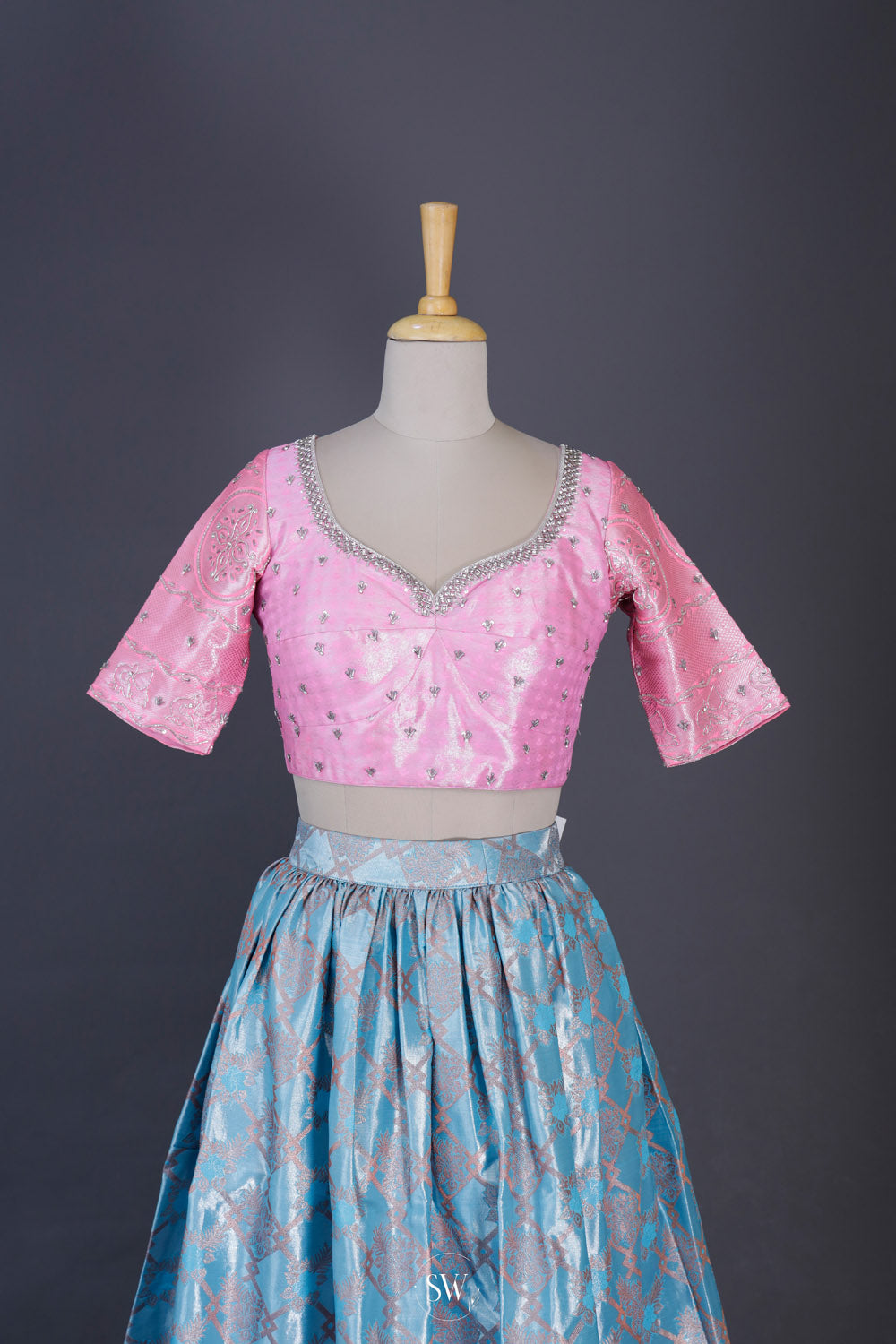 Pastel Pink-Blue Silk Lehenga Set With Zari Weaving