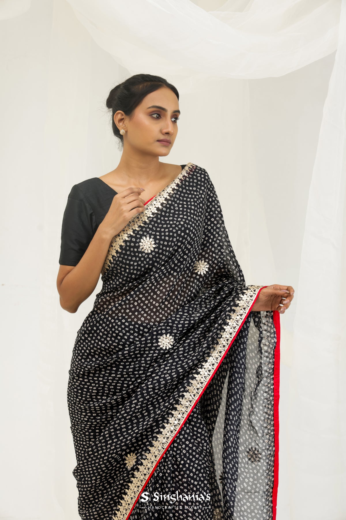 Night Black Bandhani Printed Silk Saree With Gota Patti Embroidery