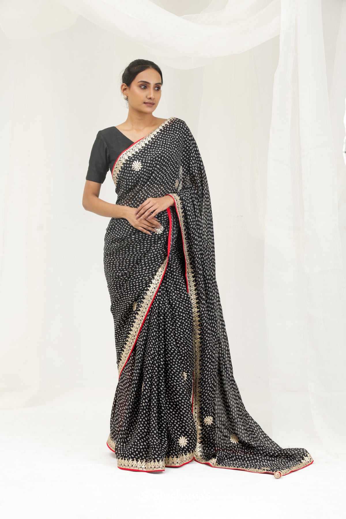 Bandhej chundari Designer New fancy saree Indian high quality jaipuri silk pink & black color bandhani gotta patti border women saree