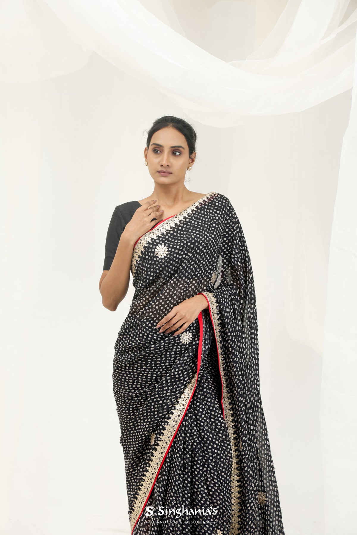 Night Black Bandhani Printed Silk Saree With Gota Patti Embroidery