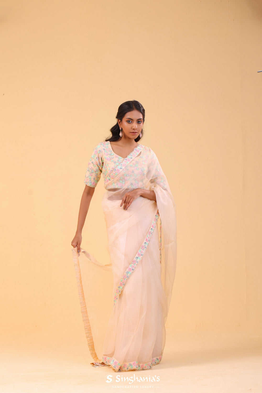 Canter Peach Organza Handcrafted Saree