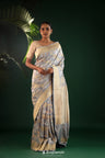 Slate Blue Banarasi Silk Saree With Floral Design