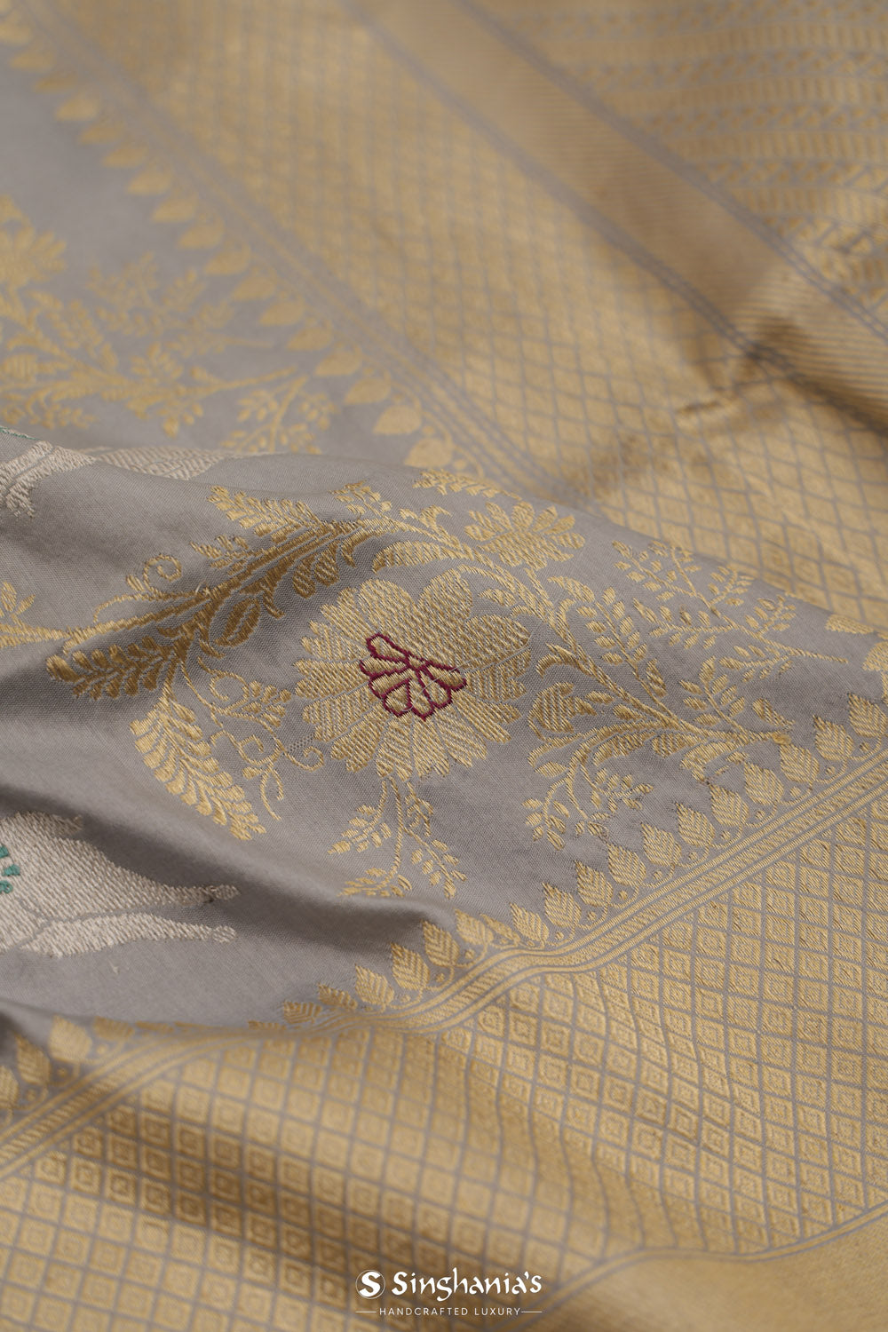 Slate Blue Banarasi Silk Saree With Floral Design