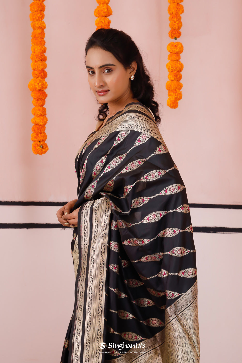 Deep Black Banarasi Silk Saree With Floral Motifs