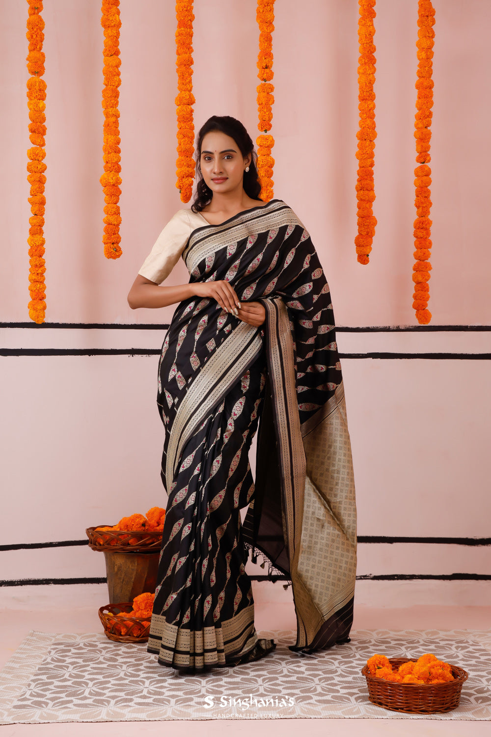 Deep Black Banarasi Silk Saree With Floral Motifs