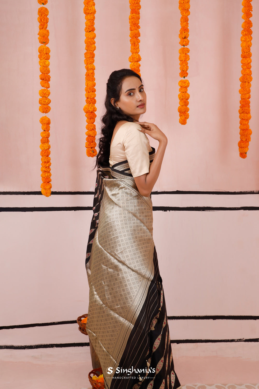 Deep Black Banarasi Silk Saree With Floral Motifs