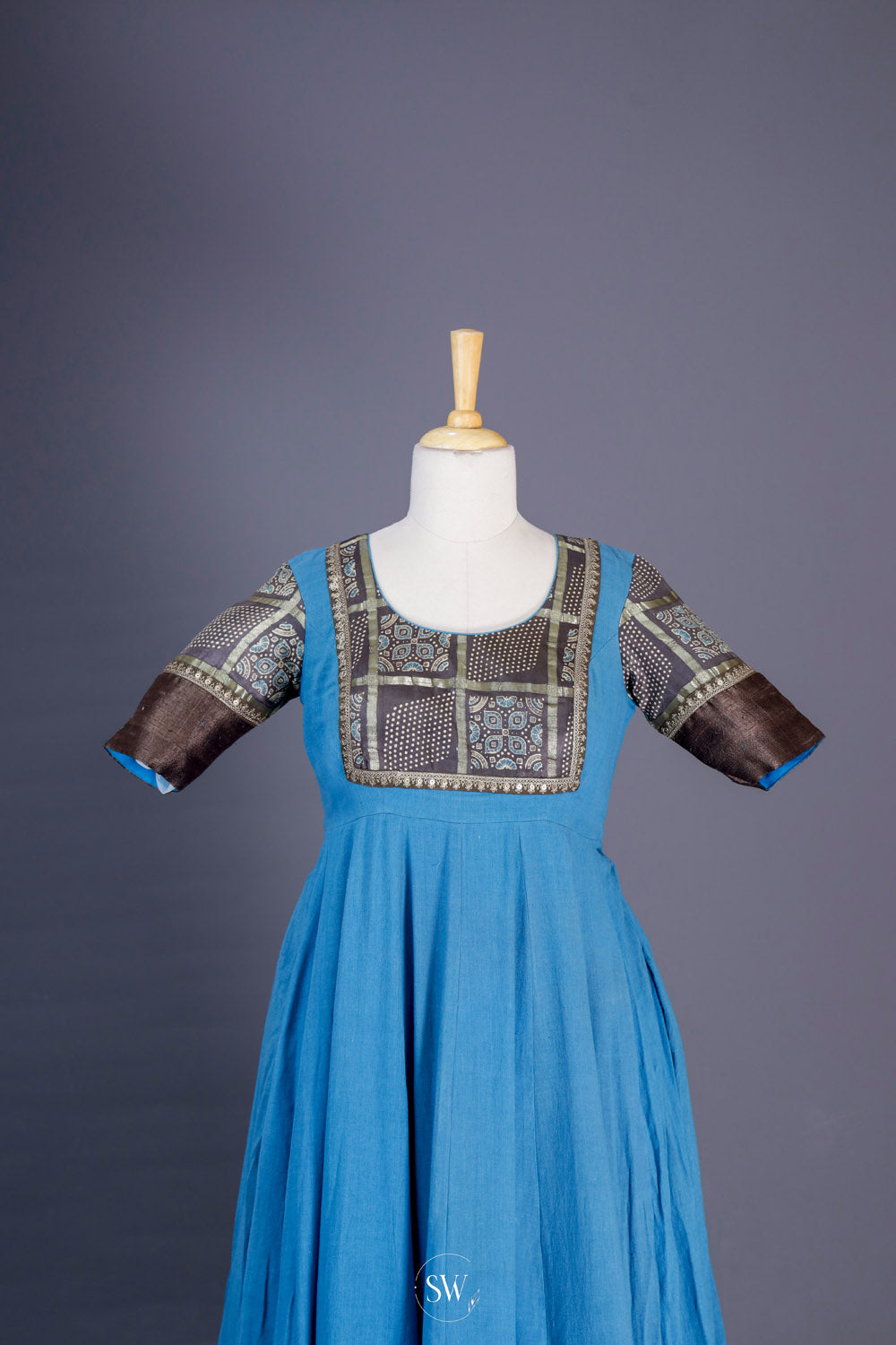 Carolina Blue Long Dress With Ajrakh Detailing