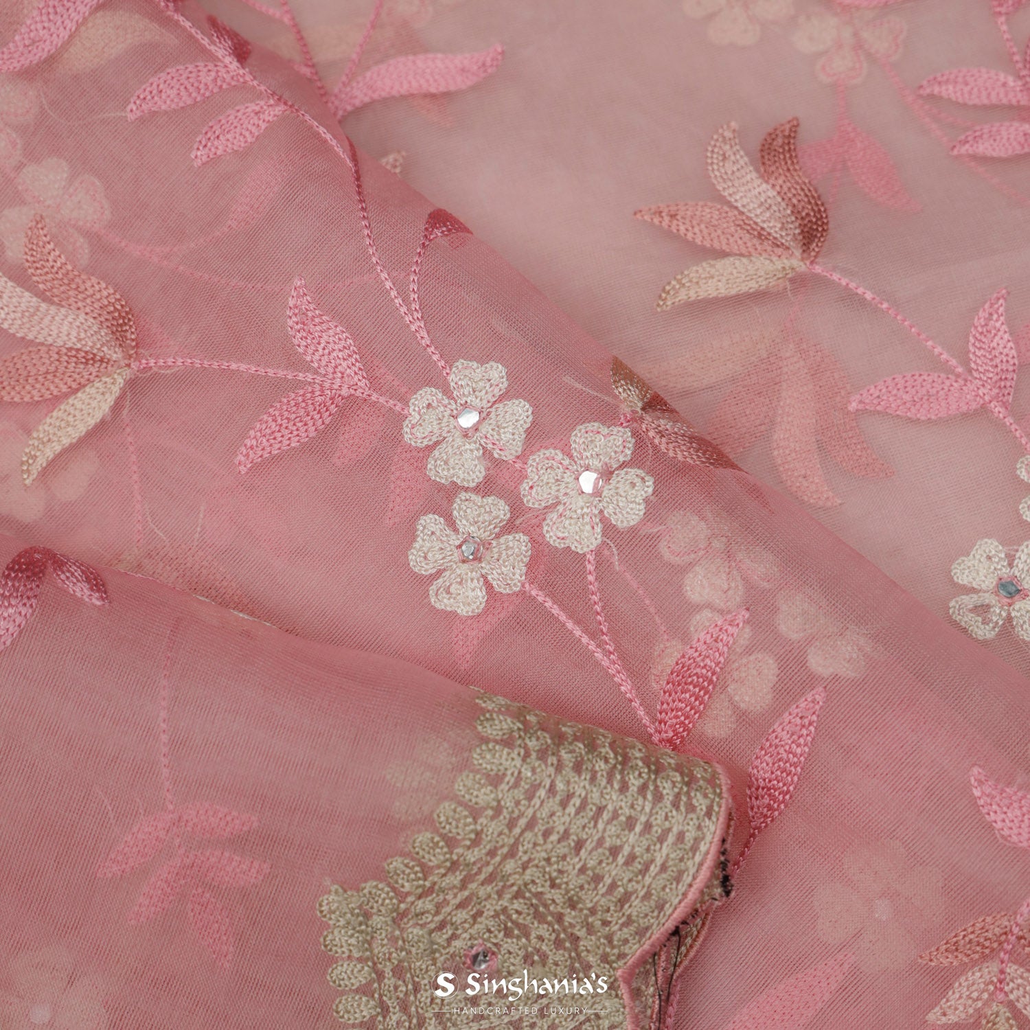 Light Pink Organza Saree With Floral Embroidery