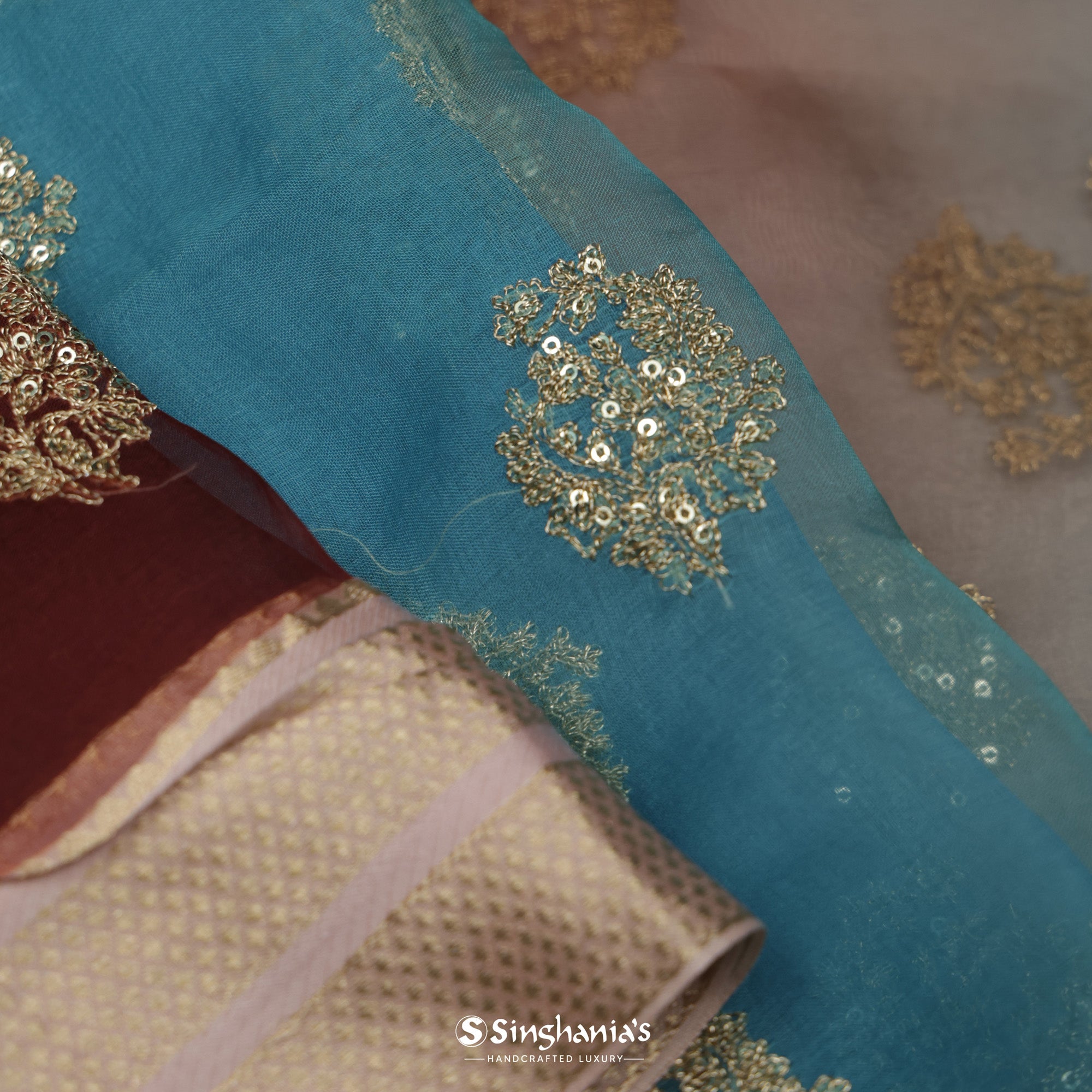 Maroon-Blue Organza Saree With Embroidery