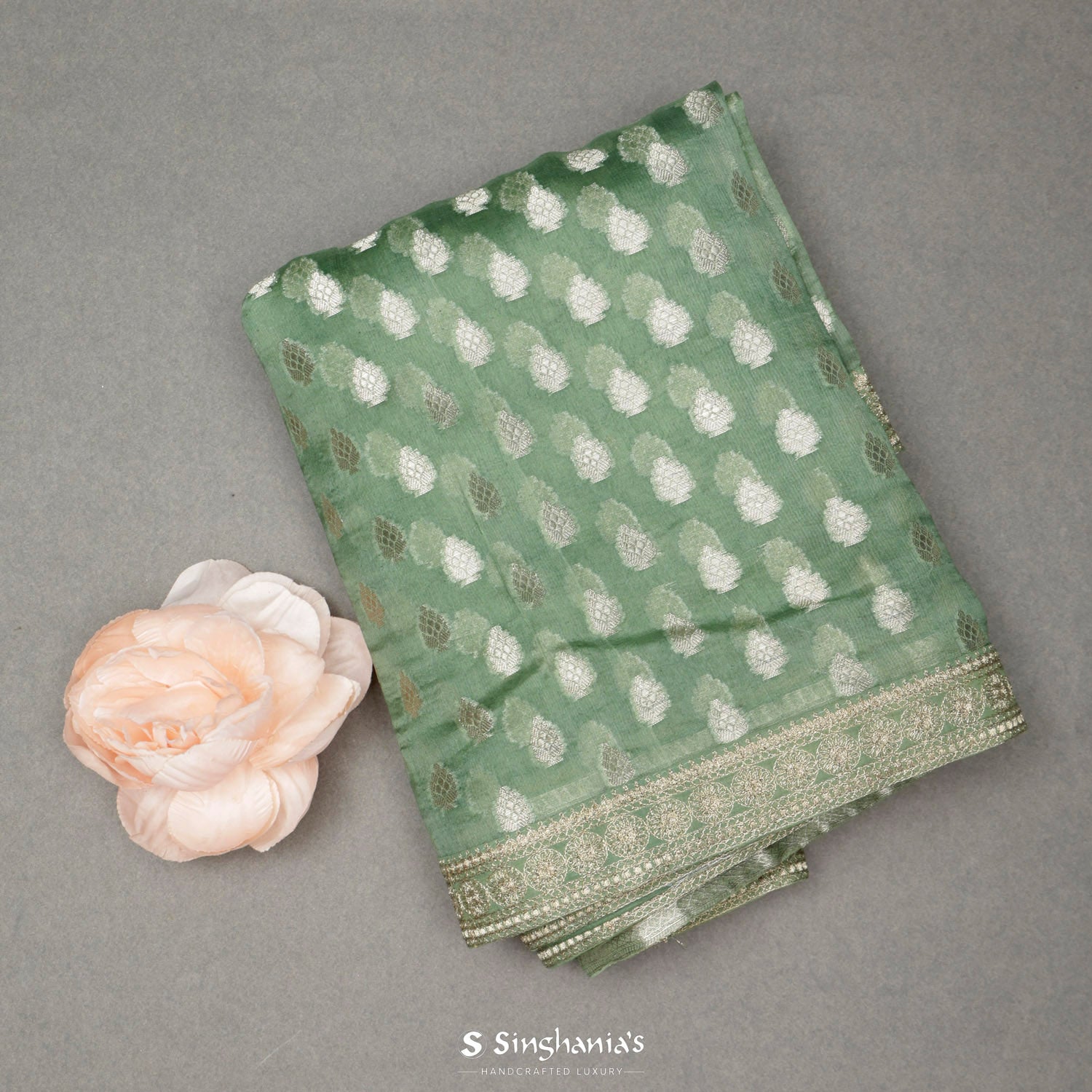 Viridian Green Organza Saree With Leaf Zari Buttis