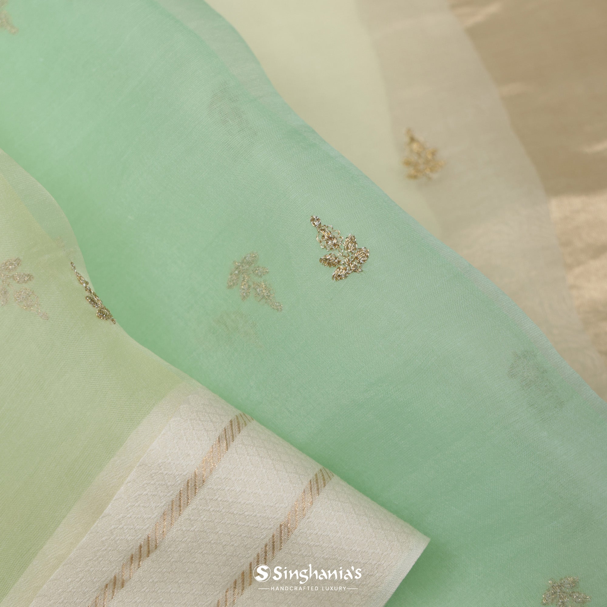 Pastel Green Multi Shade Organza Saree With Floral Embroidery