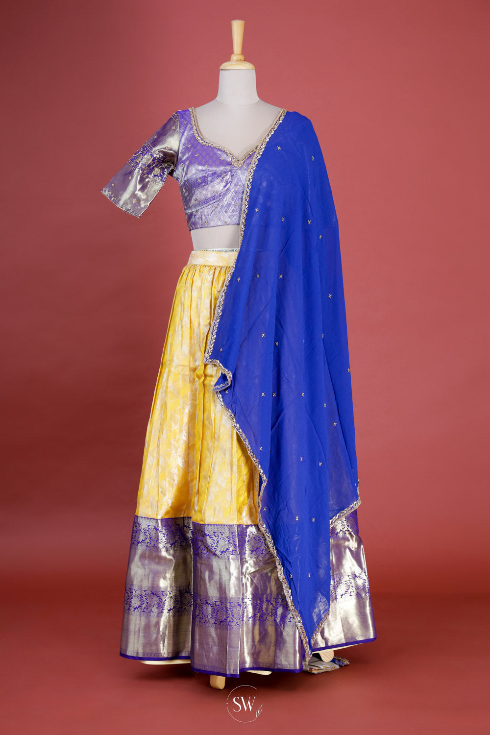 Sunflower Yellow-Blue Silk Lehenga Set With Zari Weaving