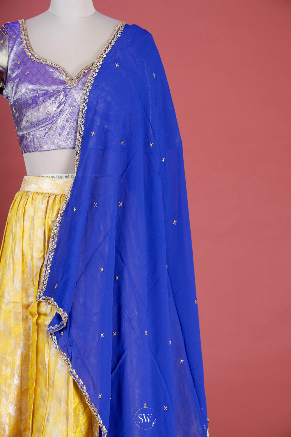 Sunflower Yellow-Blue Silk Lehenga Set With Zari Weaving