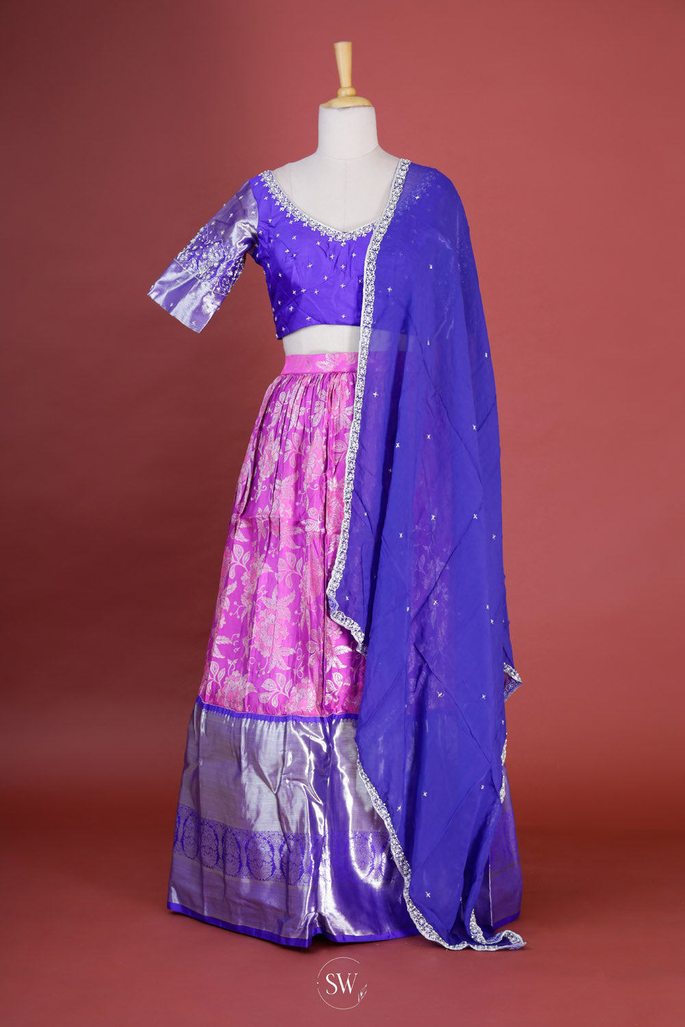 Fuchsia Purple-Blue Silk Lehenga Set With Zari Weaving