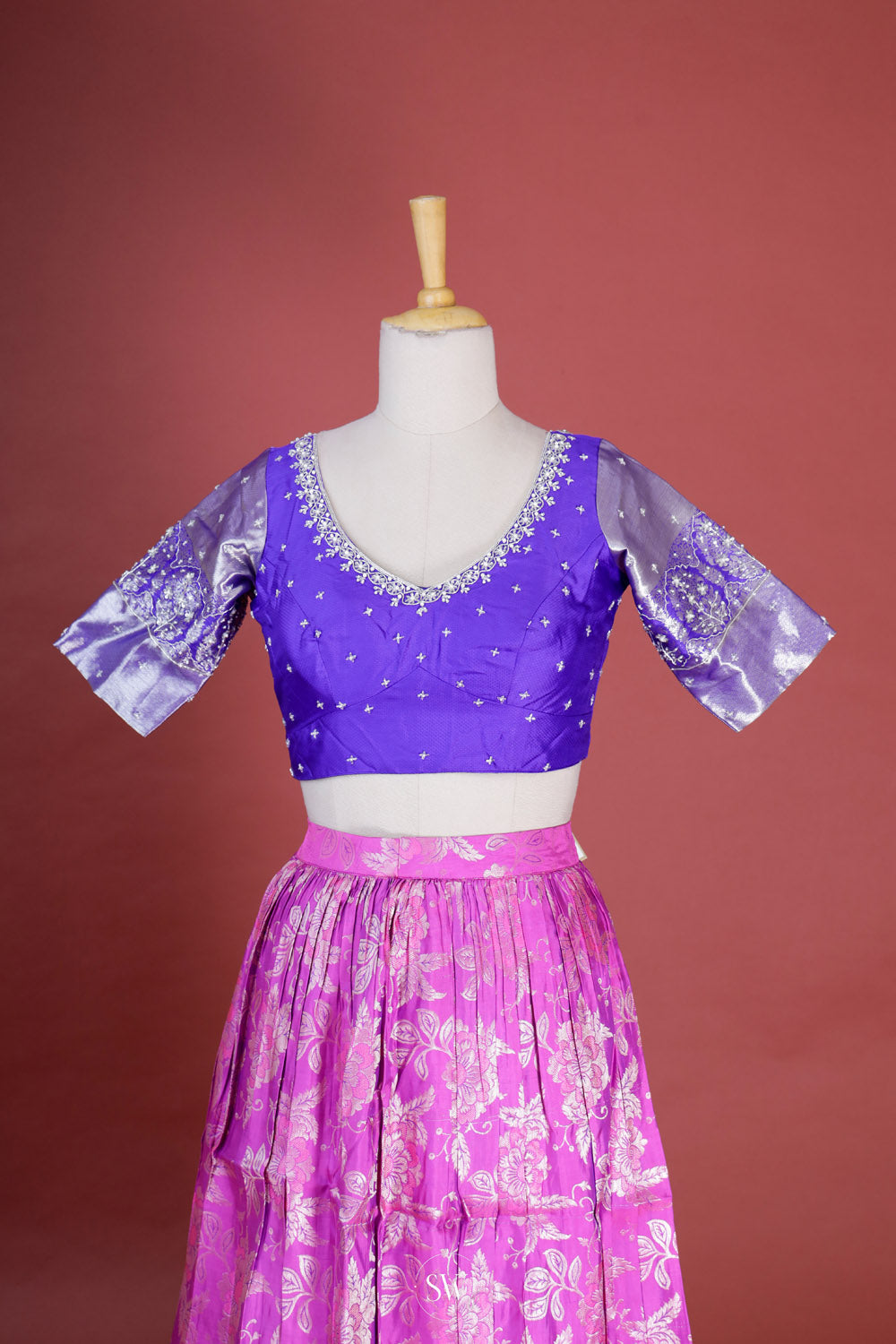 Fuchsia Purple-Blue Silk Lehenga Set With Zari Weaving