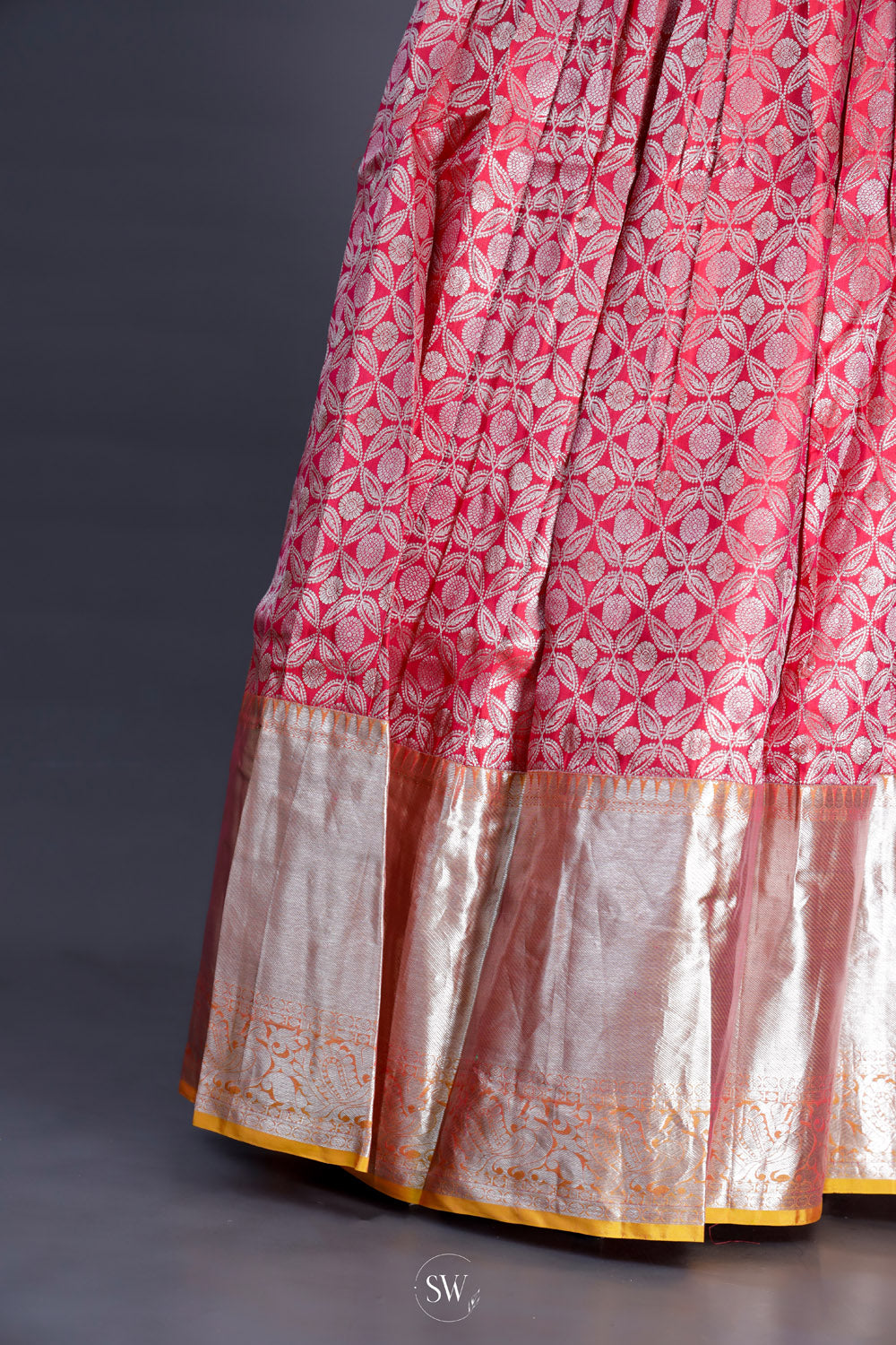 Raspberry Red-Yellow Silk Lehenga Set With Zari Weaving