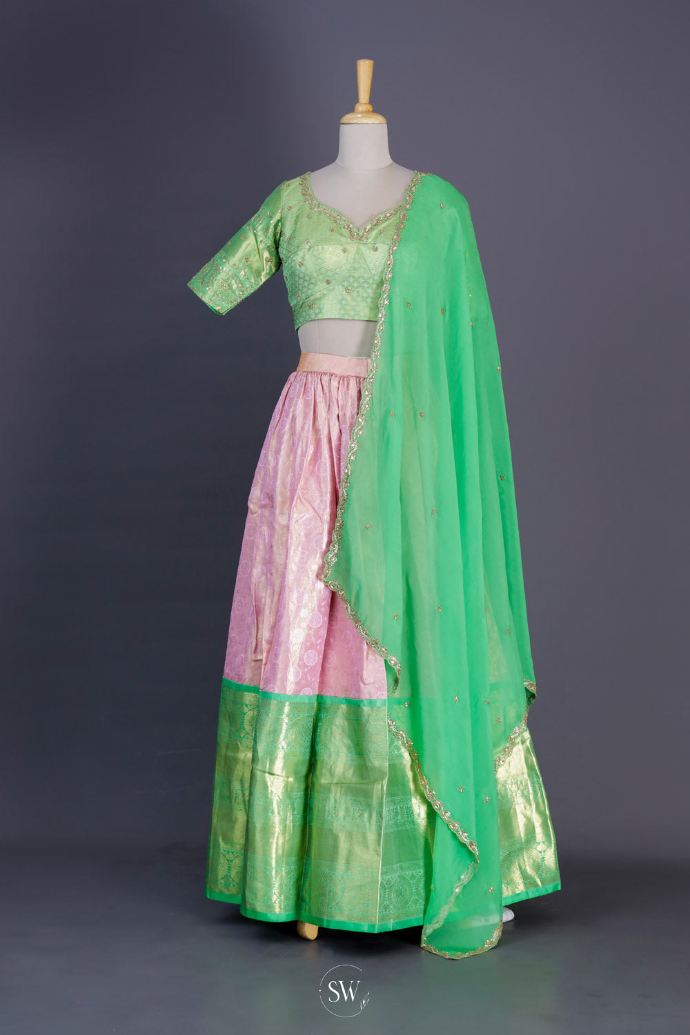 Jade Green-Pink Silk Lehenga Set With Zari Weaving