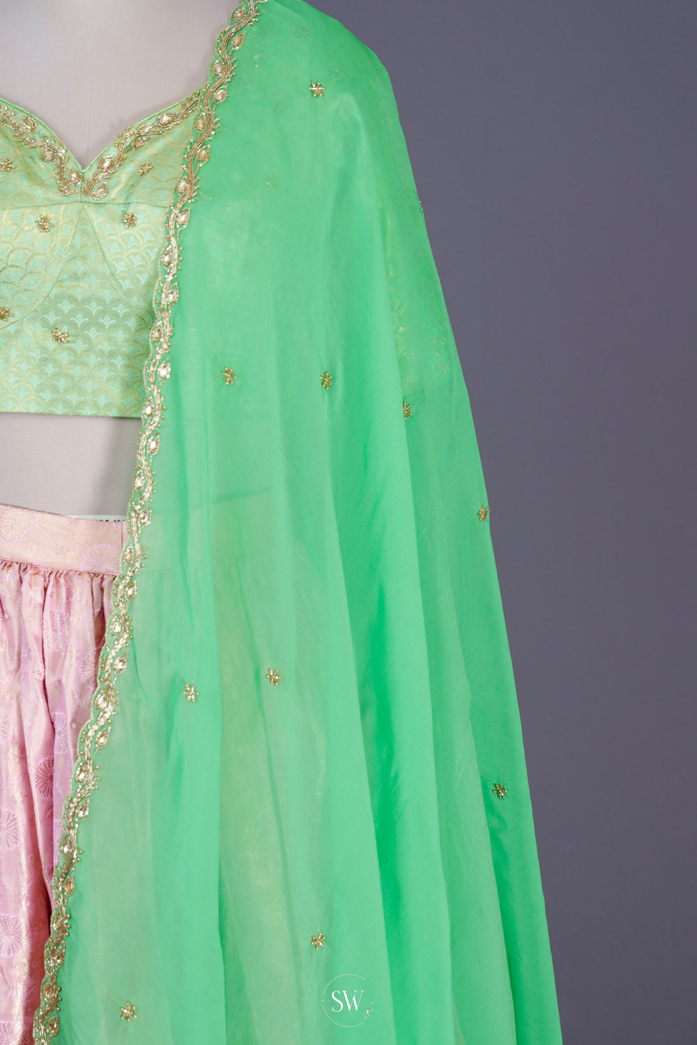 Jade Green-Pink Silk Lehenga Set With Zari Weaving
