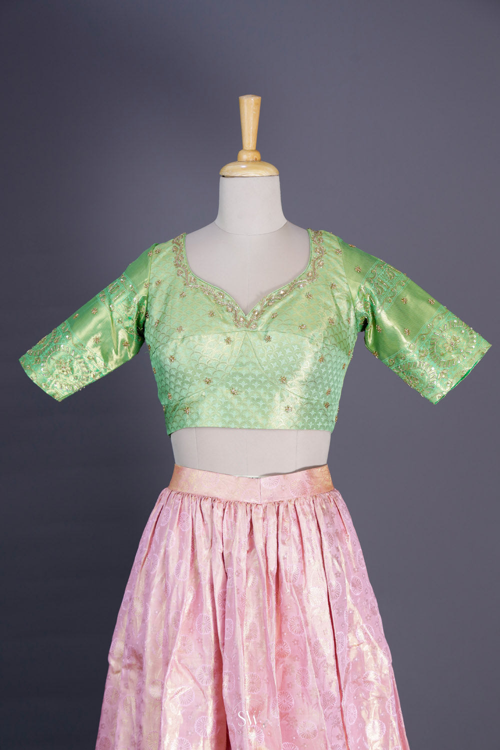 Jade Green-Pink Silk Lehenga Set With Zari Weaving