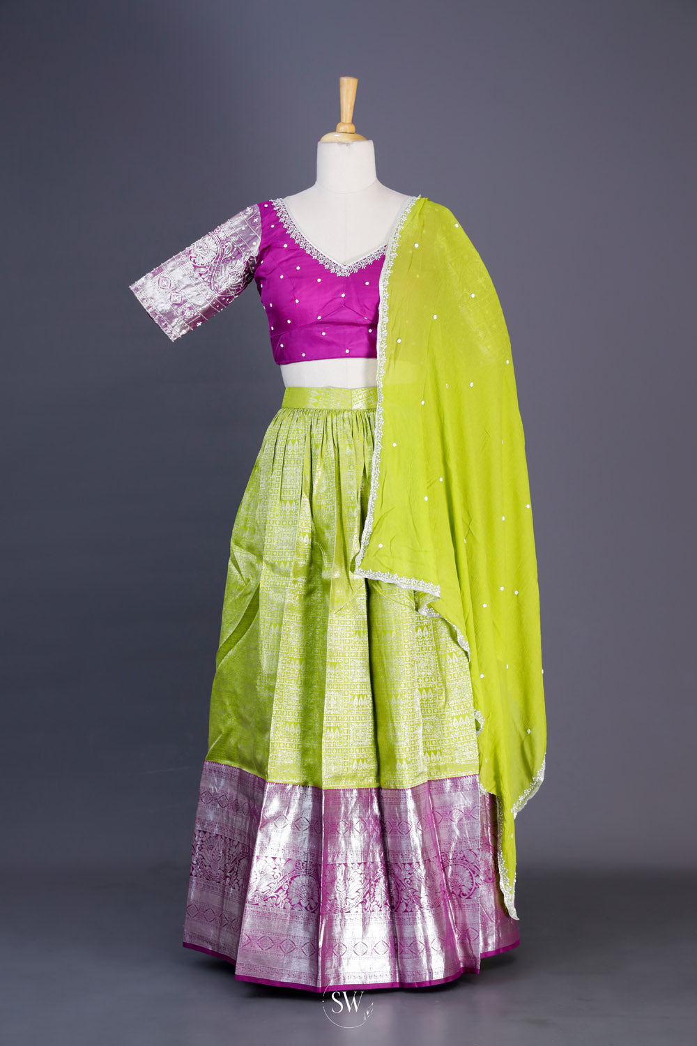 Lime Green-Purple Silk Lehenga Set With Zari Weaving