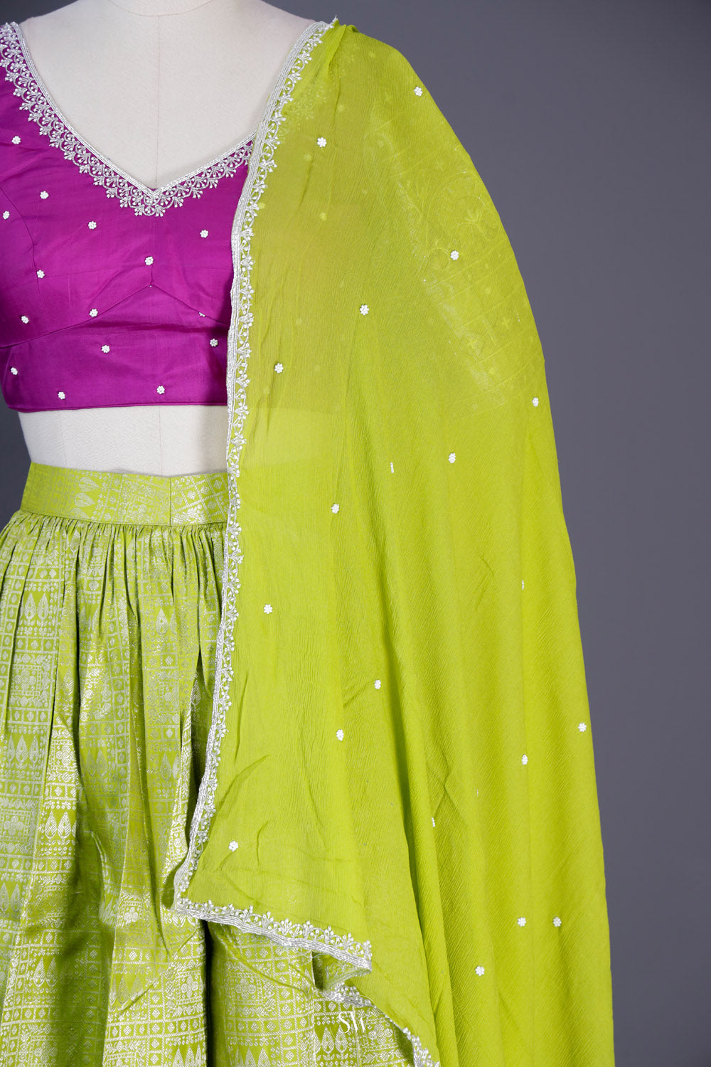 Lime Green-Purple Silk Lehenga Set With Zari Weaving